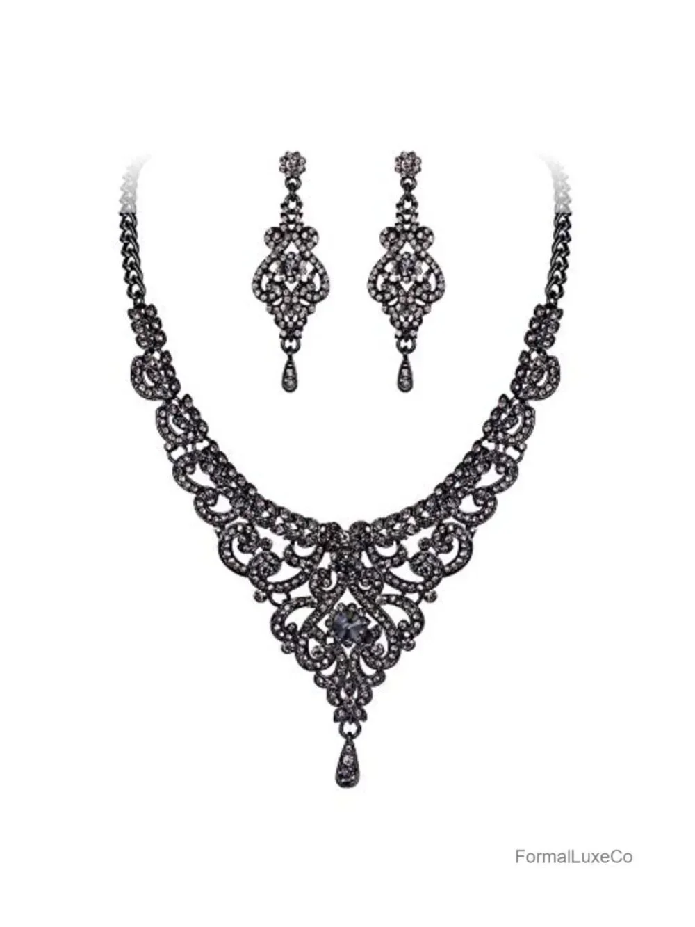 Vintage Crystal Rhinestone Art Deco Wedding Bridal Jewelry Set Necklace Earrings